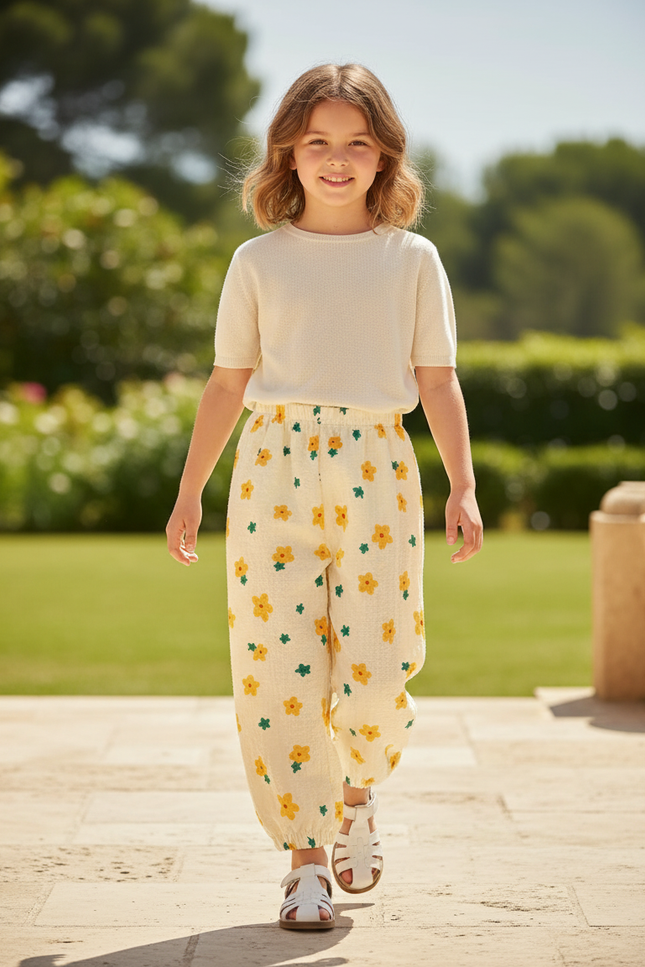 Pantalon En Lin Écru Fleuri Ample Fille - Beige
