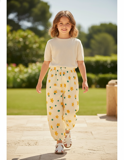 Pantalon En Lin Écru Fleuri Ample Fille - Beige