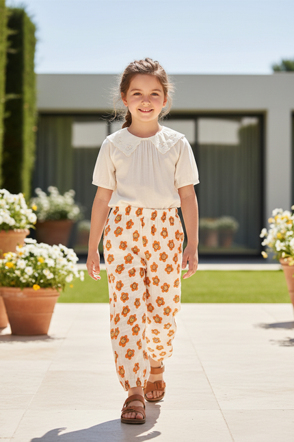 Pantalon En Lin Enfant Ample Motif Fleuri Élastiqué - Imprimé