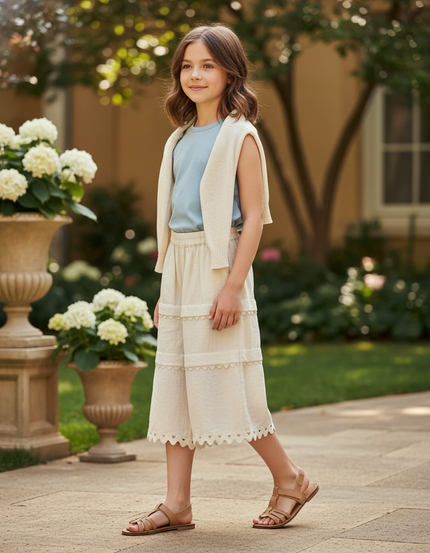 Pantalon En Lin Écru Large Scallopé Fille Léger - Beige