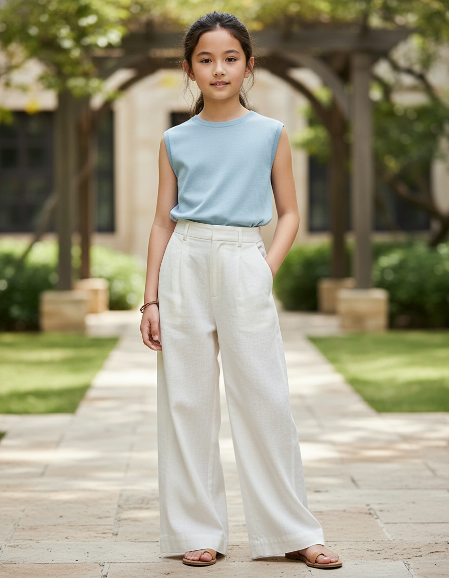 Pantalon En Lin Blanc Ample Taille Haute Fille