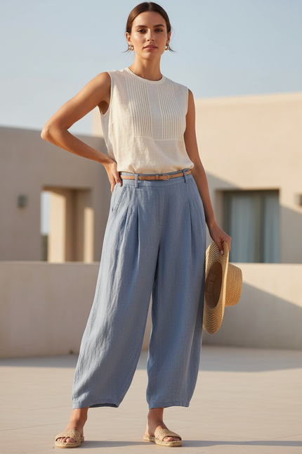 Pantalon En Lin Bleu Ample Plissé Décontracté