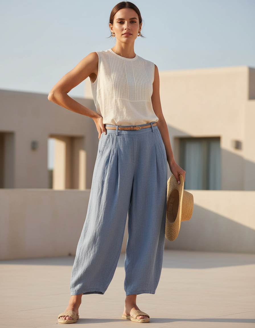 Pantalon En Lin Bleu Ample Plissé Décontracté