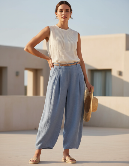 Pantalon En Lin Bleu Ample Plissé Décontracté