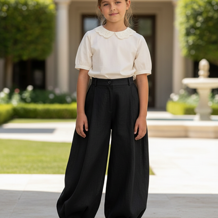 Pantalon En Lin Noir Ample Large Fille Élégant