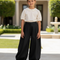 Pantalon En Lin Noir Ample Large Fille Élégant