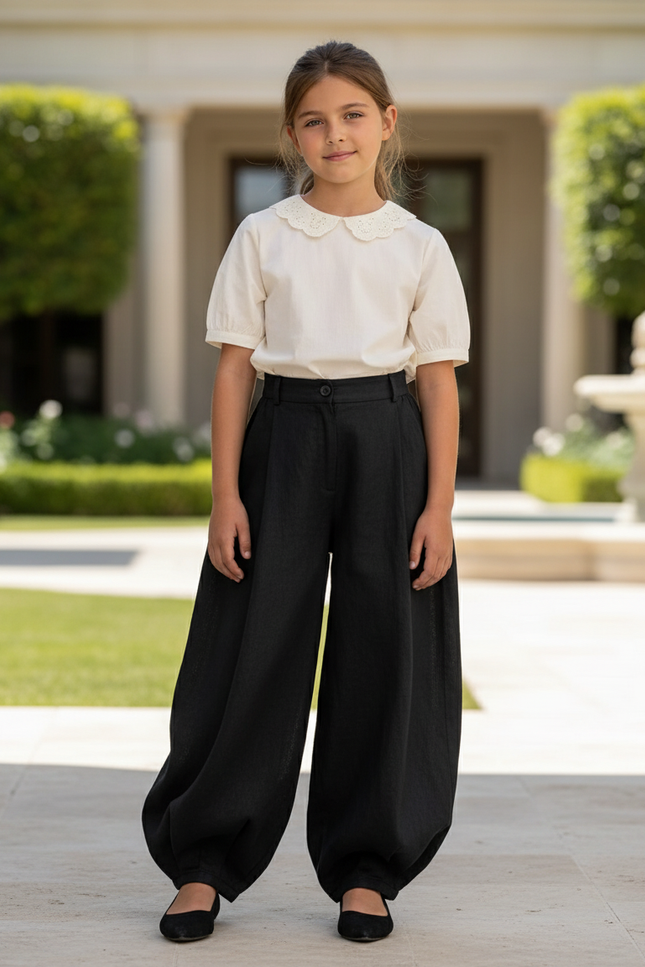 Pantalon En Lin Noir Ample Large Fille Élégant