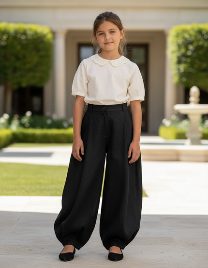 Pantalon En Lin Noir Ample Large Fille Élégant