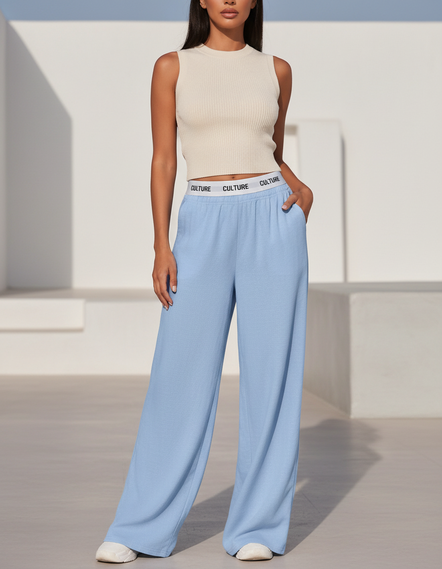 Pantalon En Lin Bleu Ample Décontracté Fluide Femme