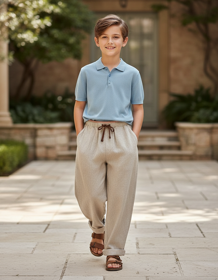 Pantalon En Lin Beige Ample Cordon Garçon Décontracté