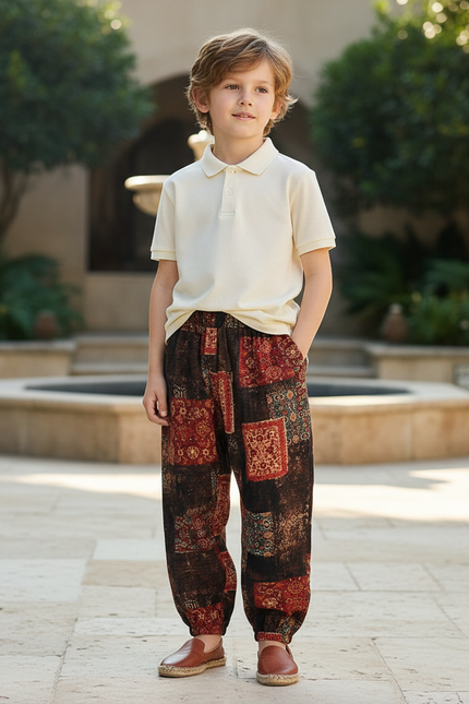 Pantalon En Lin Imprimé Patchwork Ample Garçon Décontracté