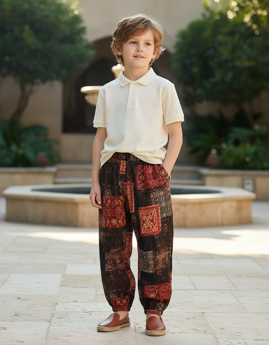 Pantalon En Lin Imprimé Patchwork Ample Garçon Décontracté