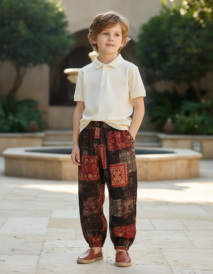 Pantalon En Lin Imprimé Patchwork Ample Garçon Décontracté