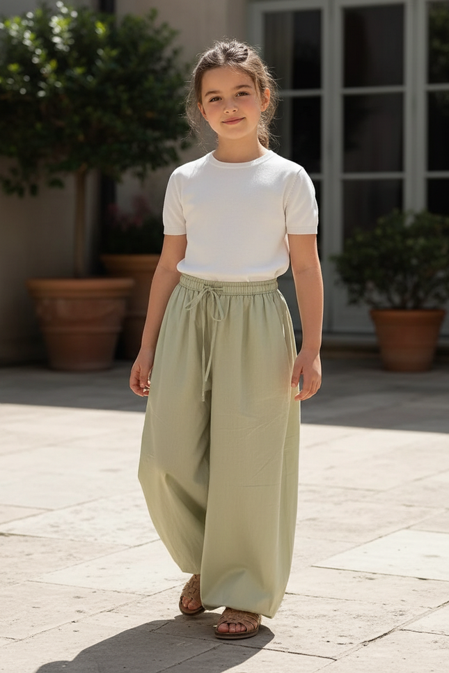 Pantalon En Lin Vert Ample Décontracté Cordon Fille