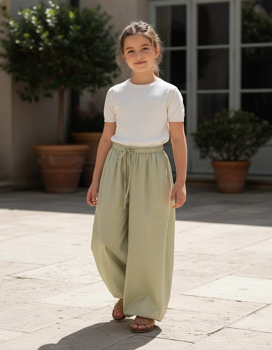 Pantalon En Lin Vert Ample Décontracté Cordon Fille