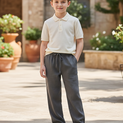 Pantalon En Lin Gris Ample Décontracté Garçon