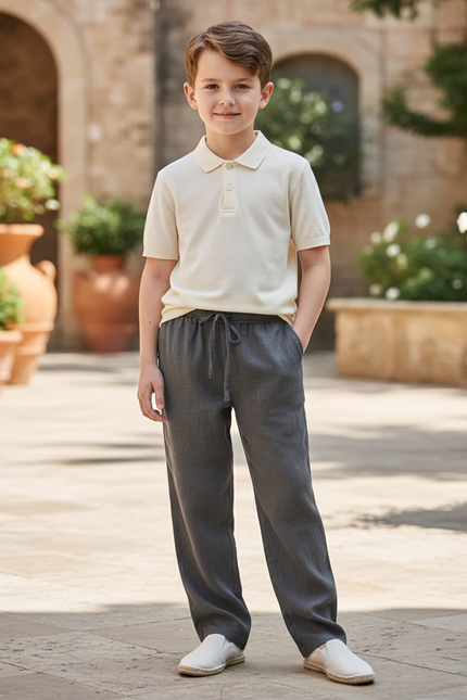 Pantalon En Lin Gris Ample Décontracté Garçon