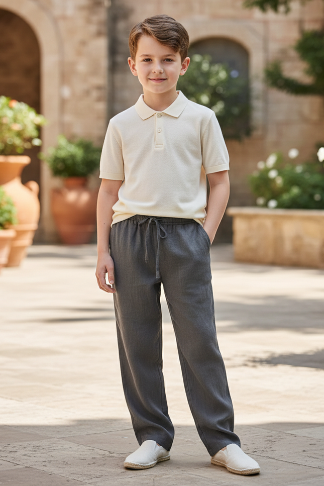 Pantalon En Lin Gris Ample Décontracté Garçon