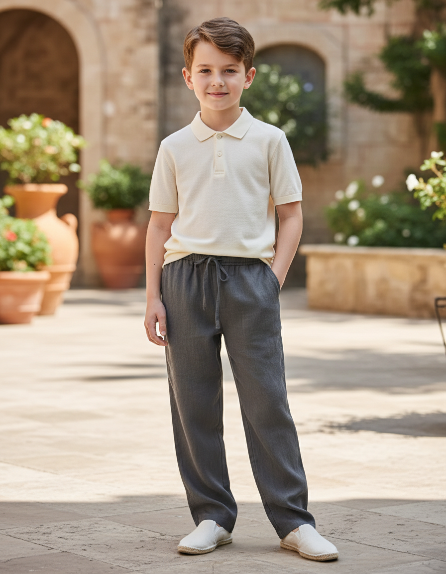 Pantalon En Lin Gris Ample Décontracté Garçon