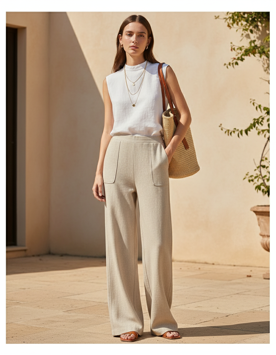 Pantalon En Lin Beige Ample Taille Haute Droit