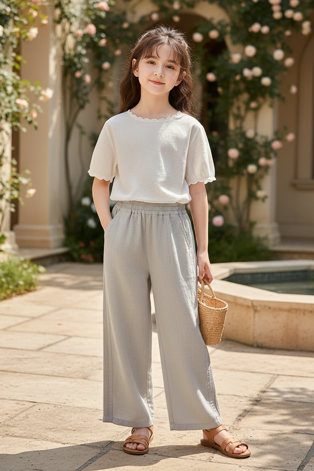 Pantalon En Lin Gris Ample Fluide Taille Élastique