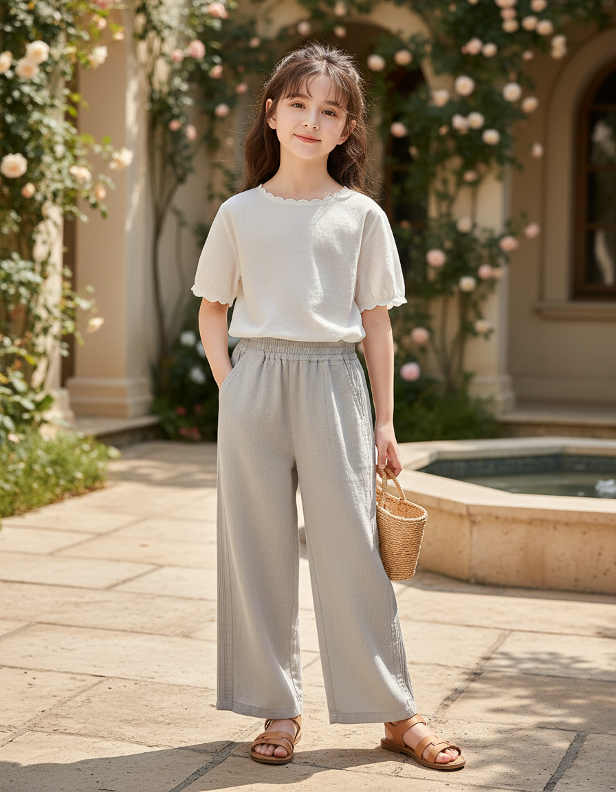 Pantalon En Lin Gris Ample Fluide Taille Élastique