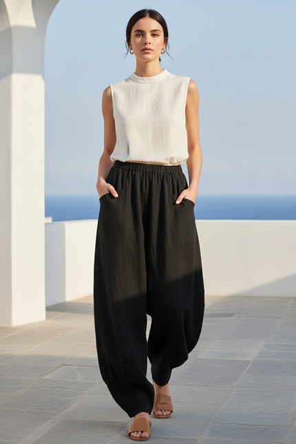 Pantalon En Lin Noir Ample Taille Haute Femme