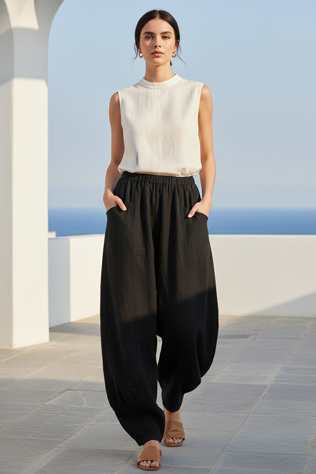 Pantalon En Lin Noir Ample Taille Haute Femme