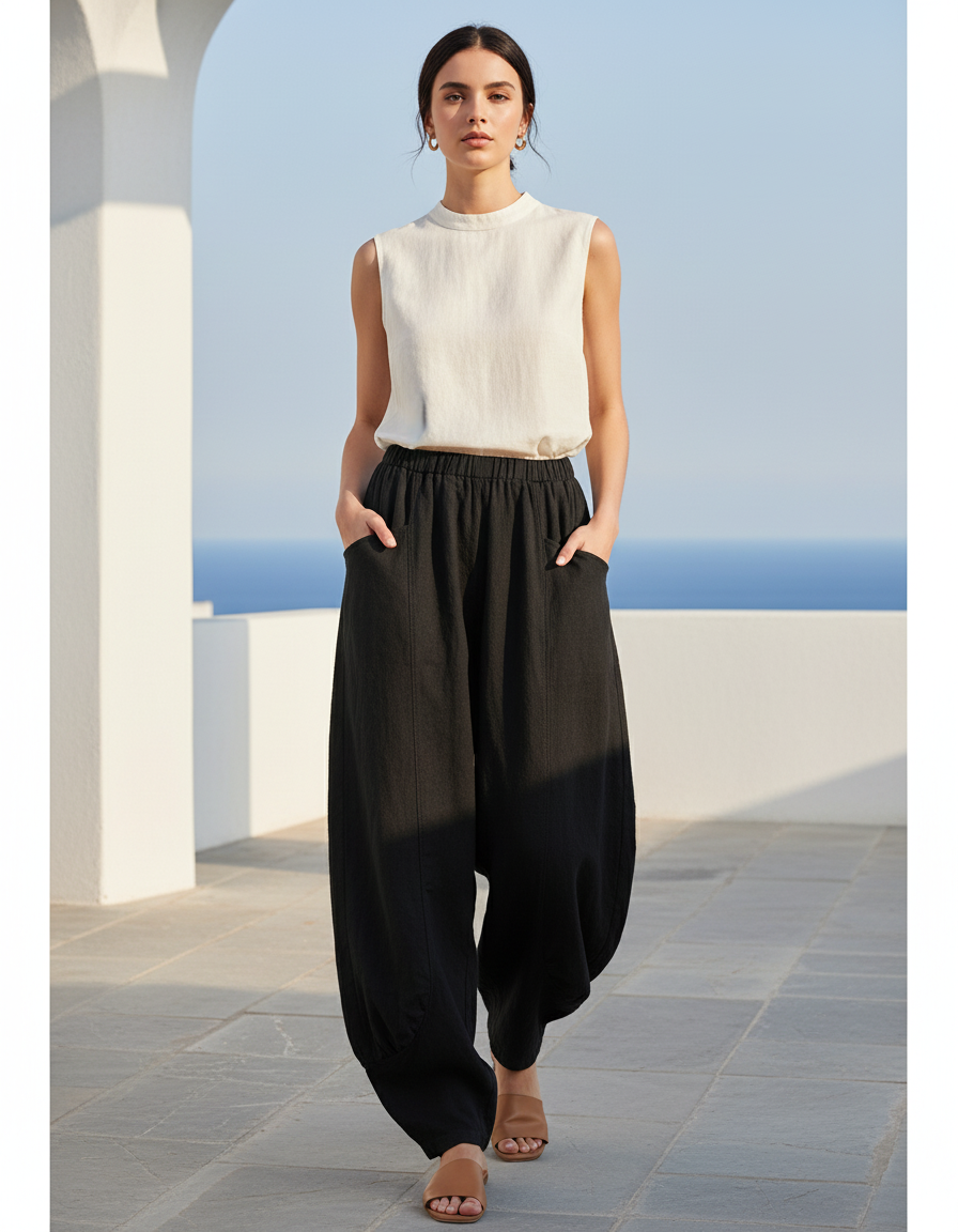 Pantalon En Lin Noir Ample Taille Haute Femme