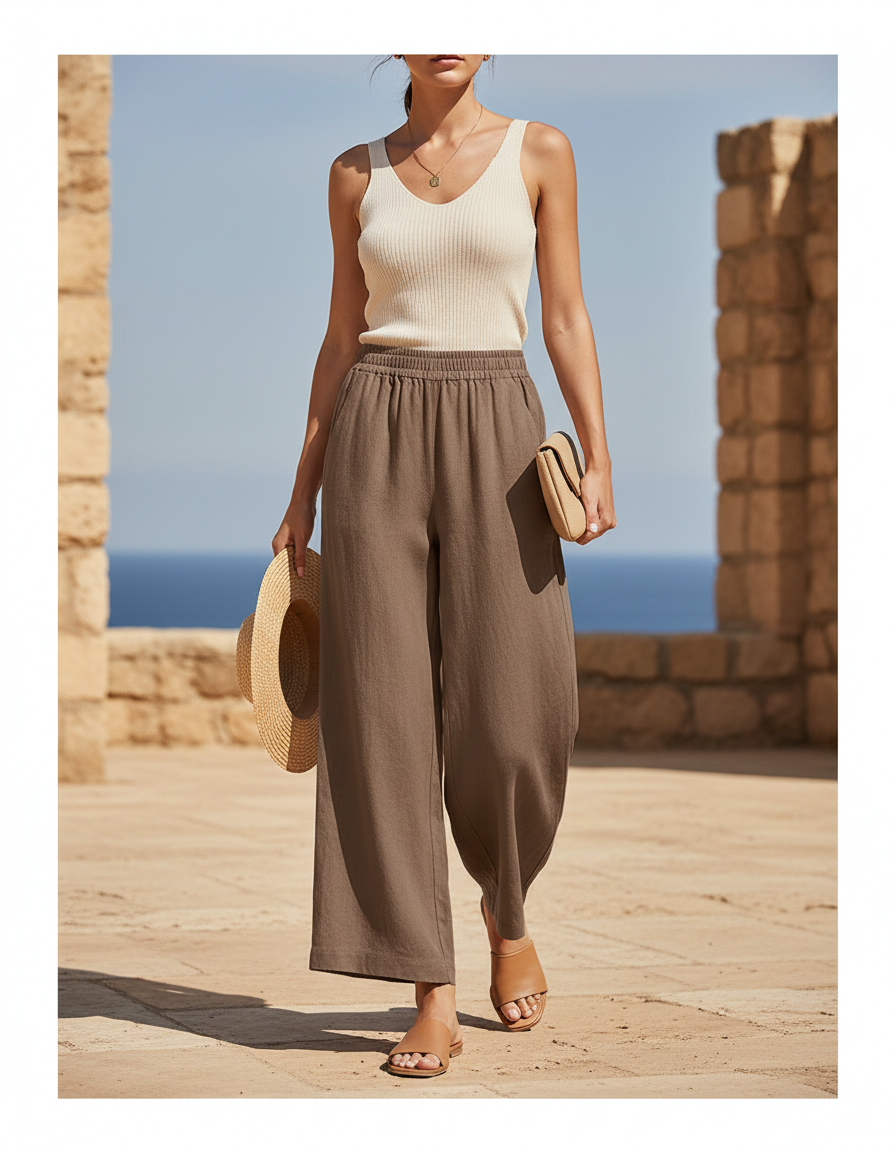 Pantalon Lin Femme Large - Kaki