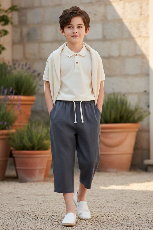 Pantalon En Lin Gris Court Ample Cordon Garçon