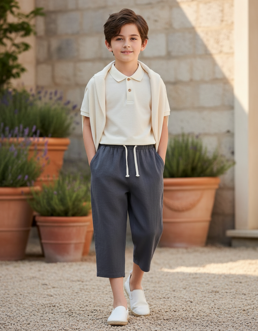 Pantalon En Lin Gris Court Ample Cordon Garçon