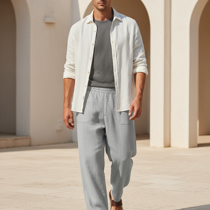 Pantalon En Lin Gris, Ample, Décontracté, Cordon, Confortable