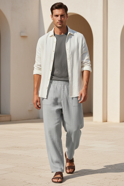 Pantalon En Lin Gris, Ample, Décontracté, Cordon, Confortable