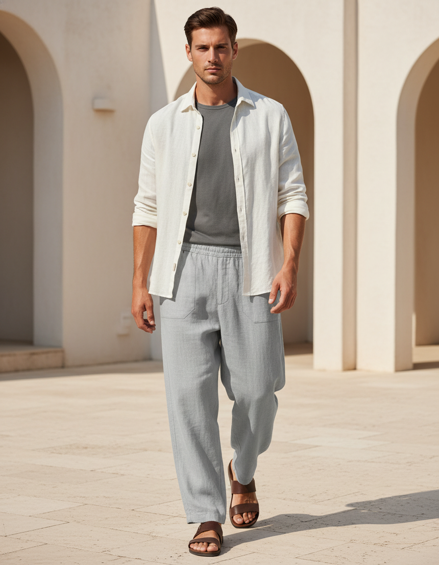 Pantalon En Lin Gris, Ample, Décontracté, Cordon, Confortable