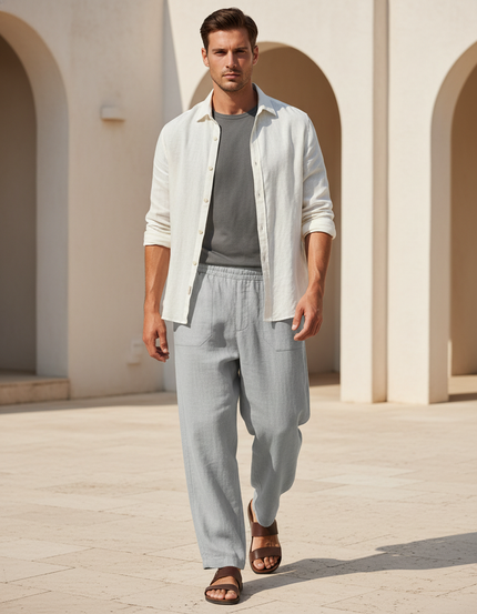 Pantalon En Lin Gris, Ample, Décontracté, Cordon, Confortable