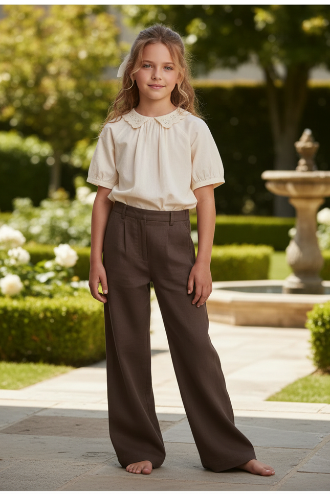 Pantalon En Lin Marron Ample Fluide Fille