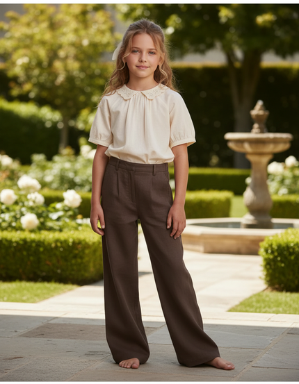 Pantalon En Lin Marron Ample Fluide Fille