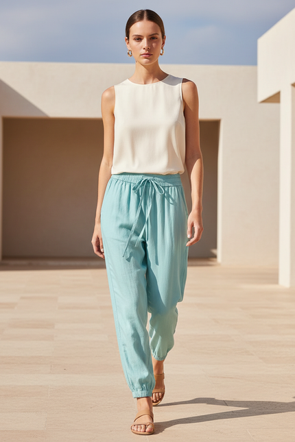 Pantalon En Lin Turquoise Ample Cordon Décontracté Femme - Bleu