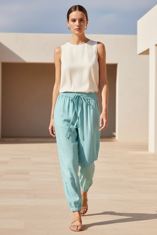 Pantalon En Lin Turquoise Ample Cordon Décontracté Femme - Bleu