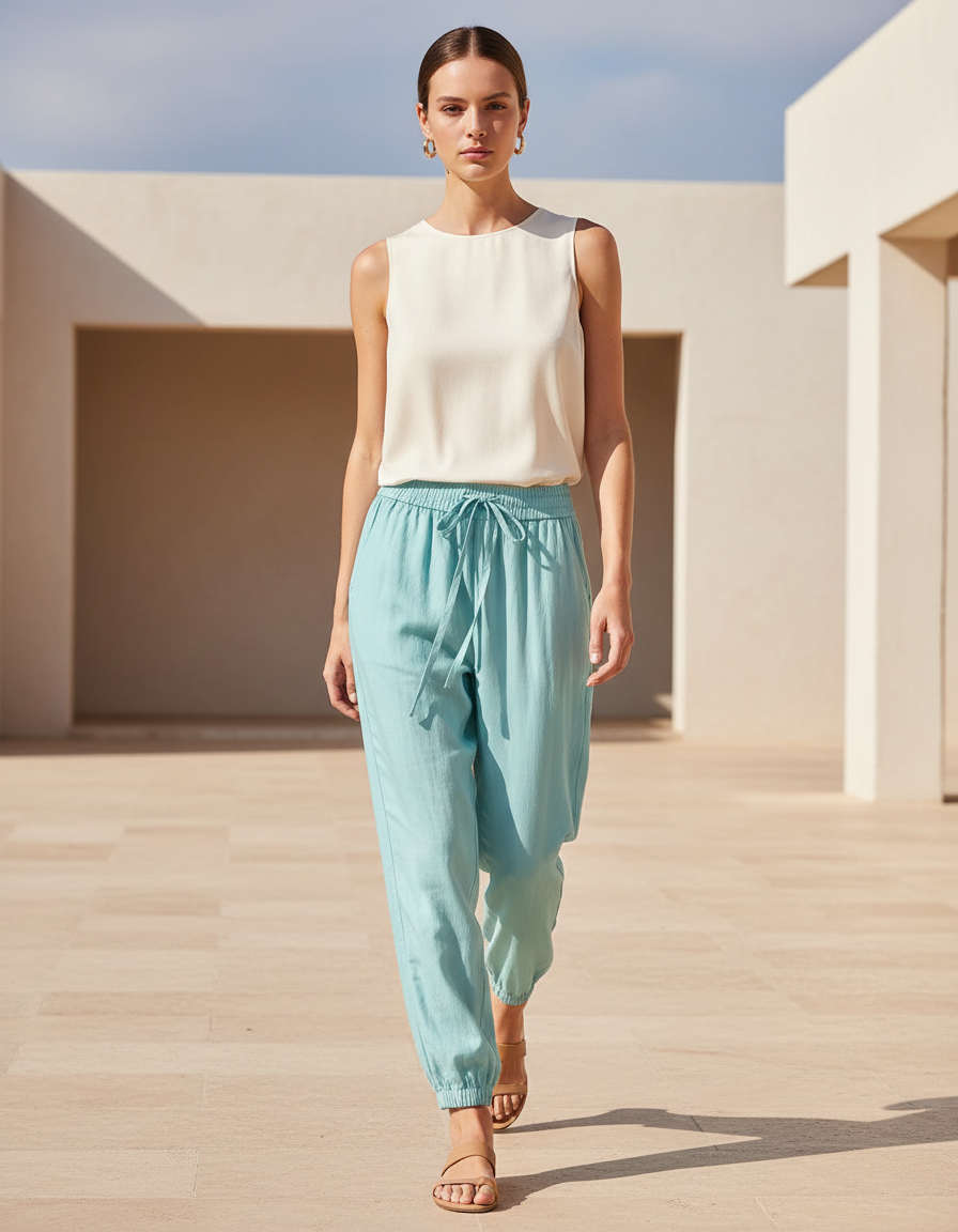 Pantalon En Lin Turquoise Ample Cordon Décontracté Femme - Bleu
