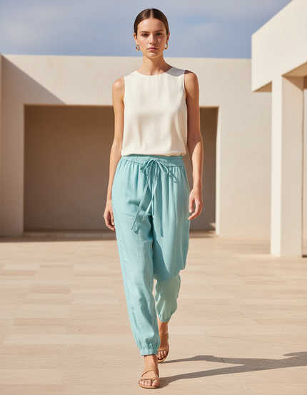 Pantalon En Lin Turquoise Ample Cordon Décontracté Femme - Bleu