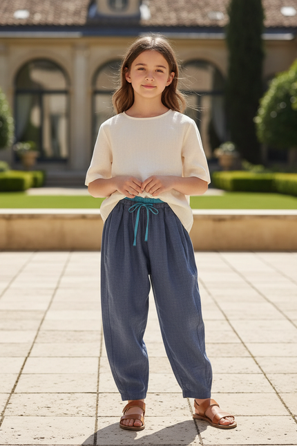 Pantalon En Lin Bleu Ample Élastique Fille