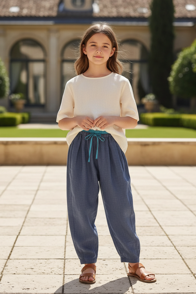 Pantalon En Lin Bleu Ample Élastique Fille