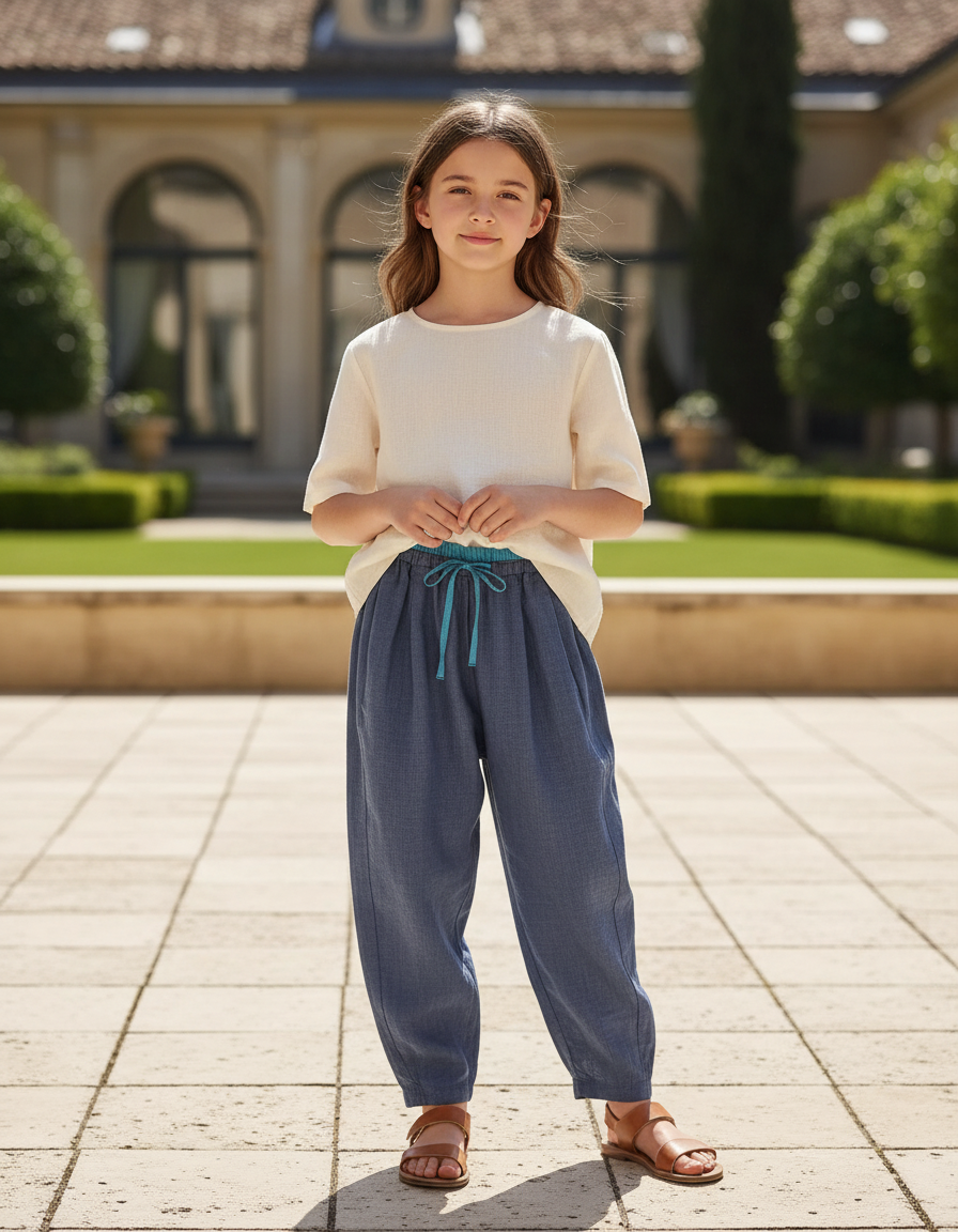 Pantalon En Lin Bleu Ample Élastique Fille