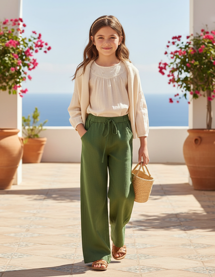 Pantalon En Lin Vert Ample Élastiqué Décontracté Fluide