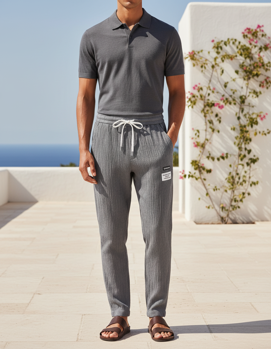 Pantalon En Lin Gris Homme Décontracté Léger Texturé