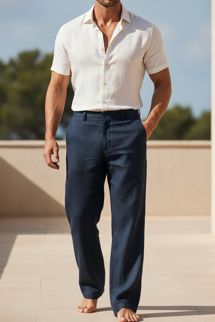Pantalon En Lin Homme Bleu Marine Ample Droit Décontracté