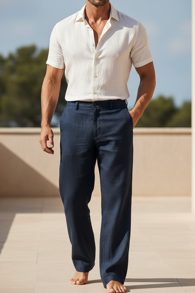 Pantalon En Lin Homme Bleu Marine Ample Droit Décontracté