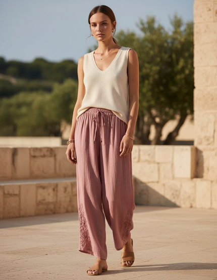 Pantalon Lin Broderie - Rose